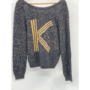 Kenzo Sweater Women Size XL‎ Blue Yellow Pullover Low Back Long Sleeve Knit New